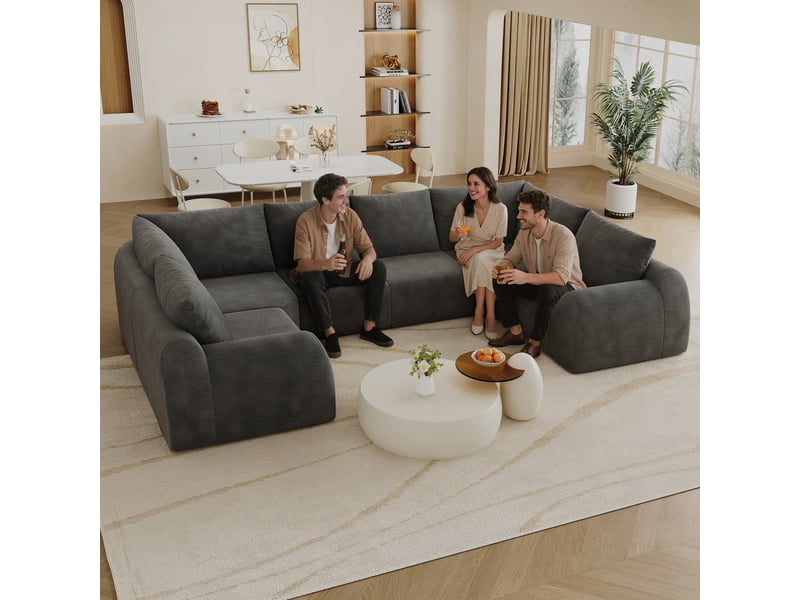  Canapé d’angle 6 places en forme u, canapé à compression de mousse, sans montage, chenille, gris foncé, 344x200x85 cm  - Conforama E