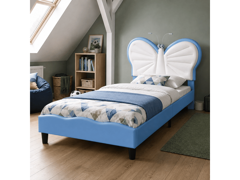  Lit enfant 90x190 avec liseuse, lits 1 personne avec tête de lits réglable en hauteur en forme de papillon, lit capitonné pour fille adolescent, velours, sans matelas (blanc + bleu)  - Conforama R