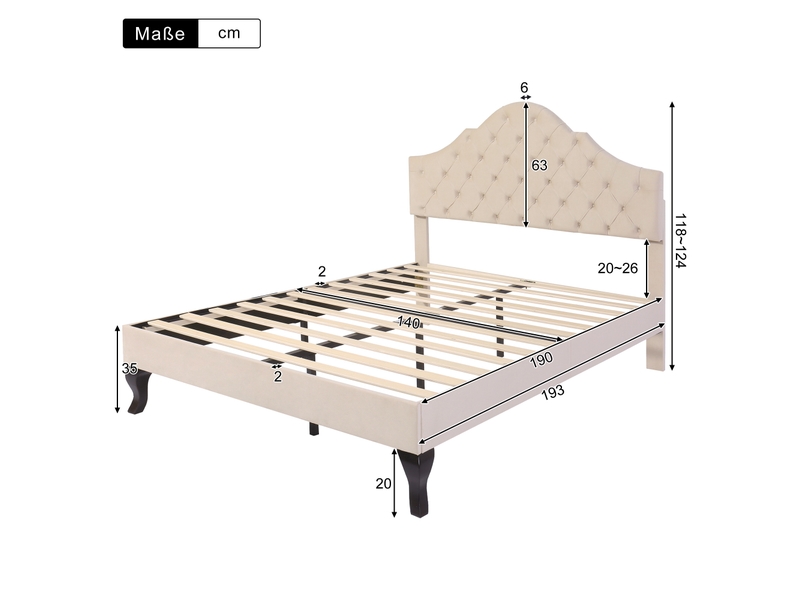  Lit capitonné 140x190 cm velours beige avec tête réglable et lattes  - Conforama C