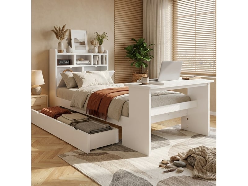 Lit enfant 90x200 cm avec rangement et table pliante en bois blanc - Conforama D