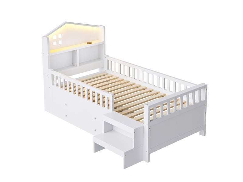  Lit enfant 1 place 90 × 200 cm avec barrières, 4 tiroirs, led, usb et type-c, sans matelas, en bois blanc  - Conforama E