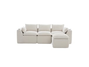Canapé modulable 3 places en velours côtelé beige, avec pouf, 2 poches latérales, porte-gobelets, 256×161×75 cm