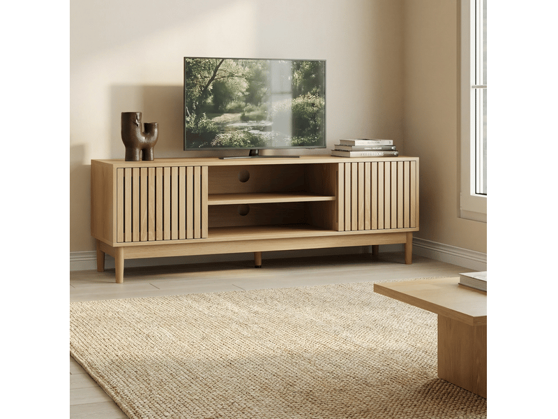  Meuble tv 140x39x48 cm avec rangements et portes, coloris chêne clair  - Conforama D