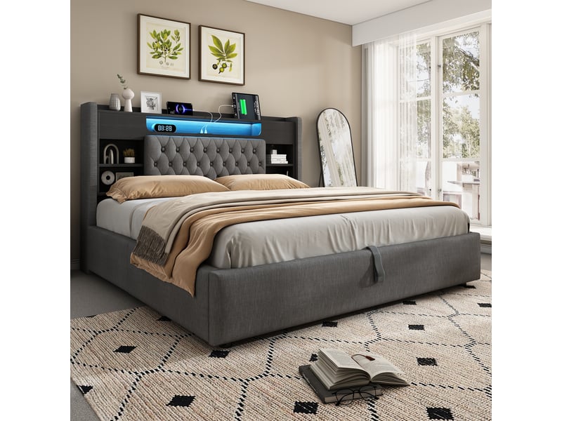  Lit coffre 180 × 200 cm, lin, gris, led, usb-c IKSETERA TRADING LTD - Conforama D