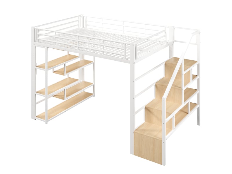 Lit mezzanine, 140 × 200 cm, blanc, mdf et métal, rangements, garde-corps, échelle, espace ouvert dessous, led via app - Conforama A