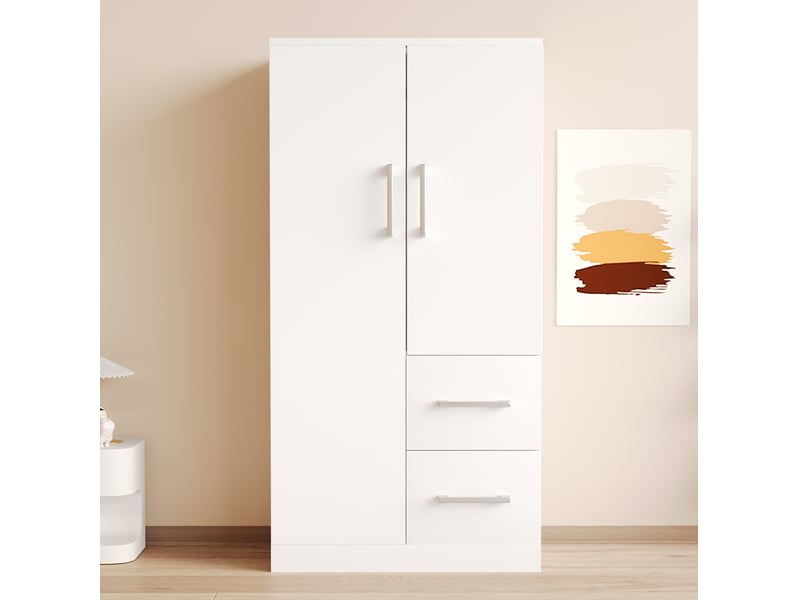  Armoire enfant 2 portes avec 2 tiroirs et rangement 70 x 40 x 135 cm blanche  - Conforama E