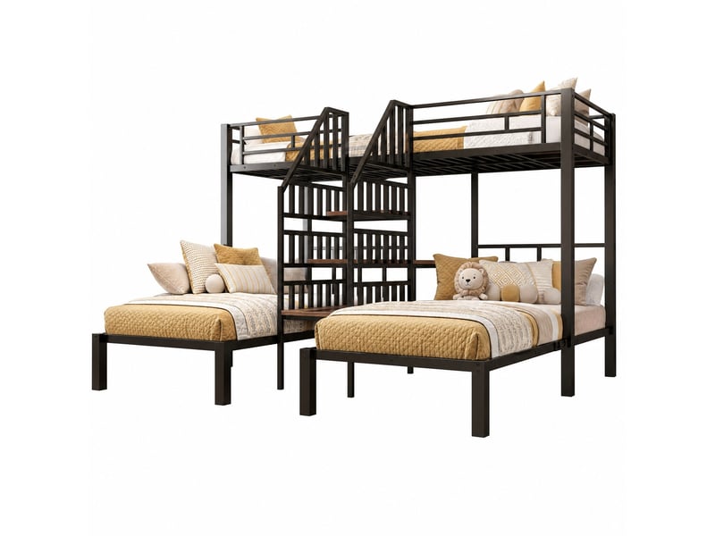  Lit superposé enfant 3 couchages 90 x 200 cm noir avec led, bureau, rangements et prises usb  - Conforama A