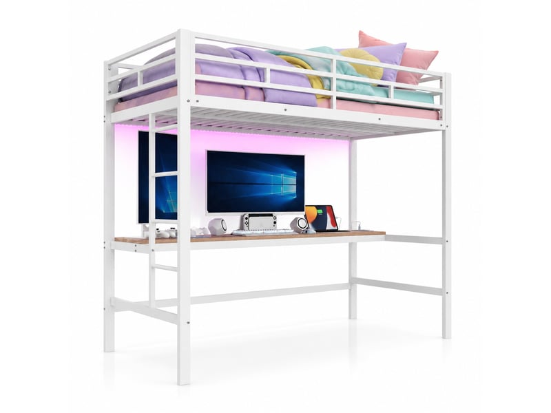  Lit mezzanine enfant 90 x 200 cm avec bureau, led 7 couleurs, métal blanc  - Conforama A