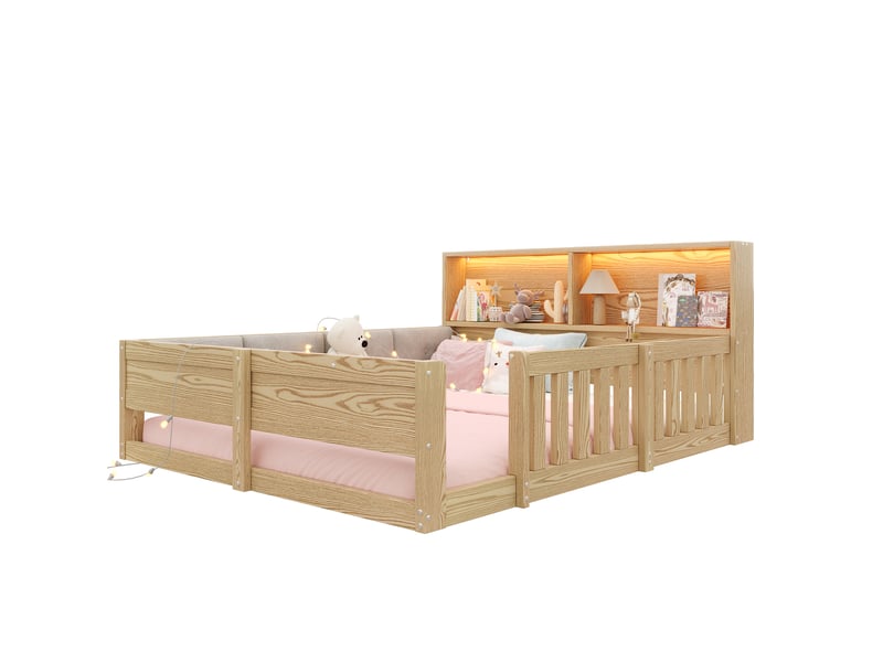  Lit enfant 140 × 200 cm avec barrières, tête de lit à niches et led pour chambre d'enfant, naturel  - Conforama A