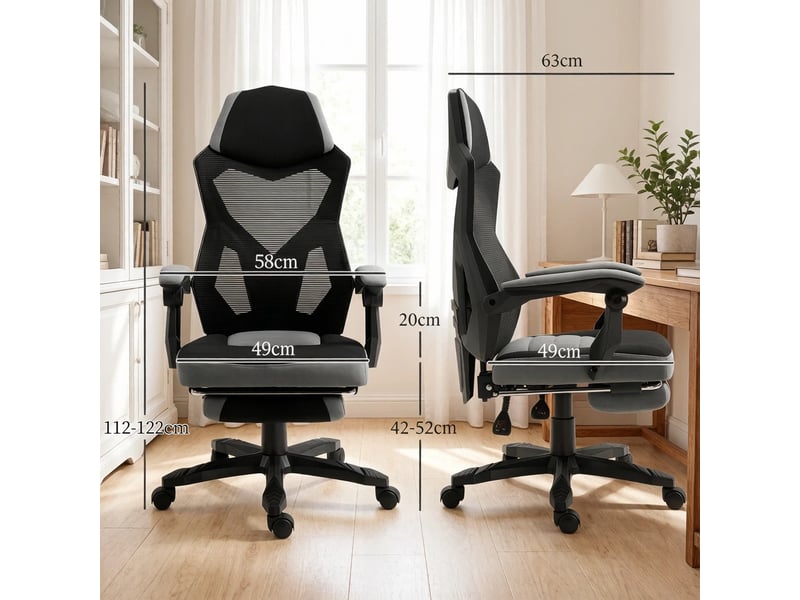  Chaise de bureau ergonomique pour jeux vidéo réglable en hauteur - lpospi - repose-pieds pliable, maille - noir et gris  - Conforama D