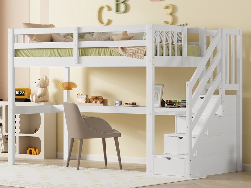  Lit mezzanine, 90 x 200 cm, lit enfant avec rangements, tiroirs et bureau en dessous, matériau en bois de pin, blanc  - Conforama B