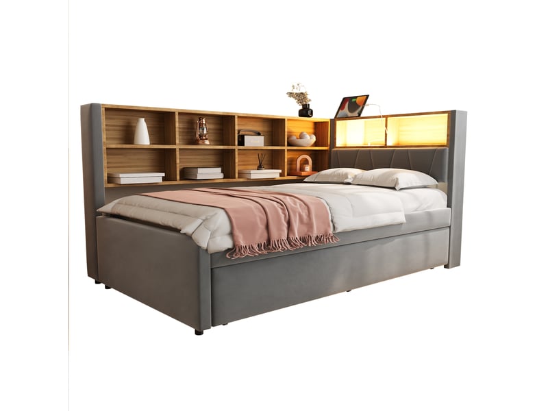  Lit banquette rembourré 90x200 cm avec lit gigogne 90x190 cm, rangements, led, usb, usb-c et prise électrique, sommier à lattes, flanelle gris foncé Radiant Stride - Conforama A