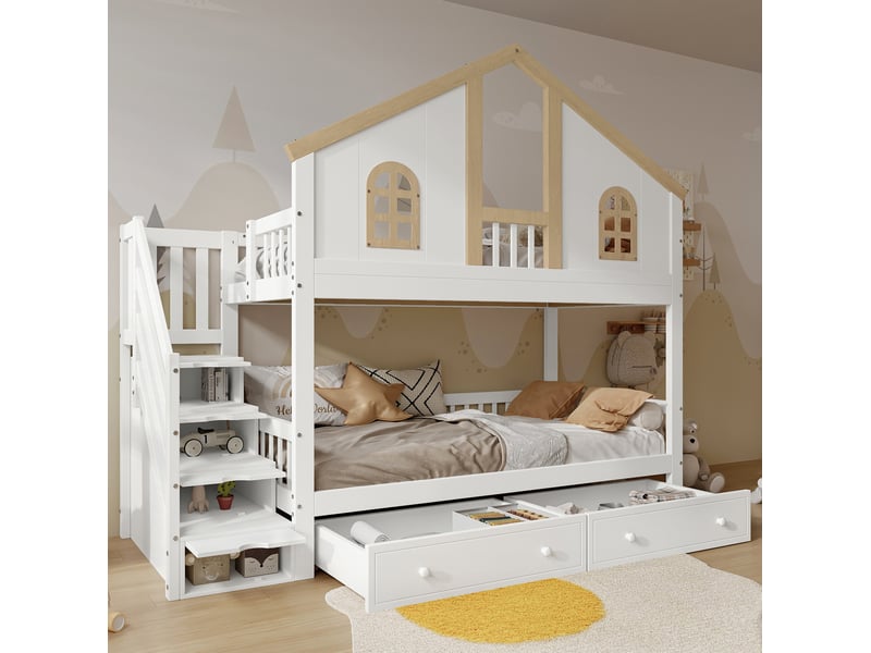  Lit superposé enfant 90x200 cm en forme de maison avec escalier de rangement, blanc et naturel  - Conforama D