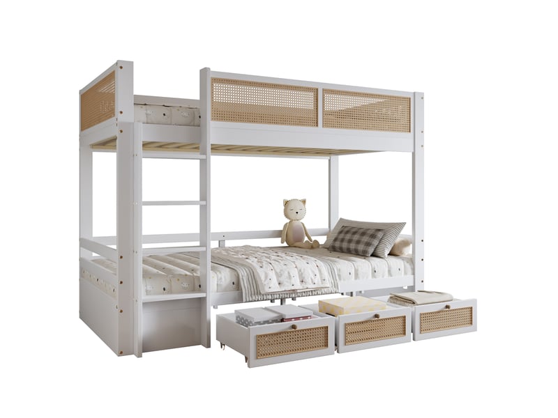  Modenvie lit superposé enfant 90x200 cm - avec 3 tiroirs, barrières de sécurité, sans matelas - blanc et naturel  - Conforama A