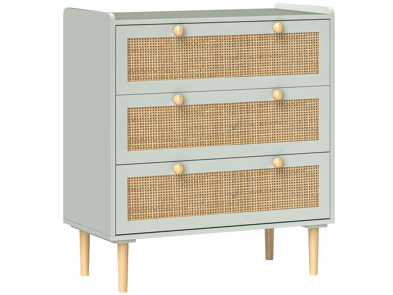  Commode bohème en rotin à 3 tiroirs, meuble de rangement pour salon, couloir ou entrée, vert olive  - Conforama A