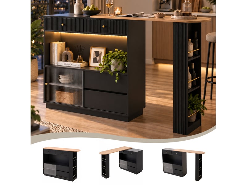  Îlot de cuisine avec rangements et éclairage led, plateau pivotant à 360°, porte coulissante en acrylique, noir  - Conforama C