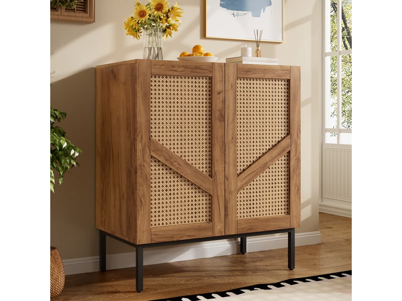 Buffet bas 70x38,5x80 cm avec 2 portes effet rotin pe, 2 étagères réglables, pieds métal, double anti-basculement, effet bois naturel - Conforama B