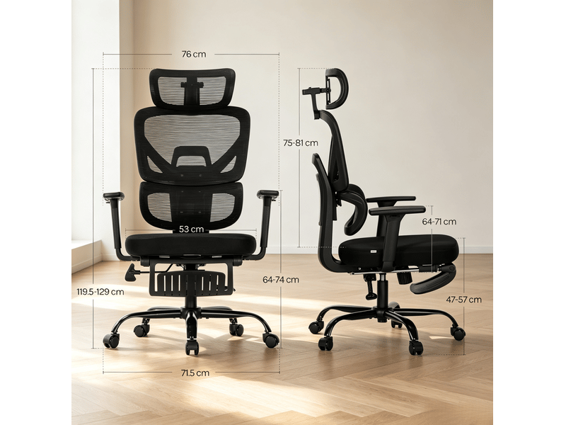  Chaise de bureau ergonomique pivotante avec repose-pieds, appui-tête et accoudoirs réglables en maille noire  - Conforama C