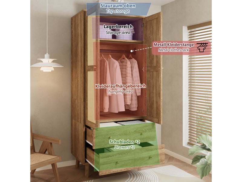  Armoire penderie 80x50x180 cm effet cannage, tringle à vêtements, étagères et 2 tiroirs, sur pieds, mdf effet noyer foncé pour chambre  - Conforama E