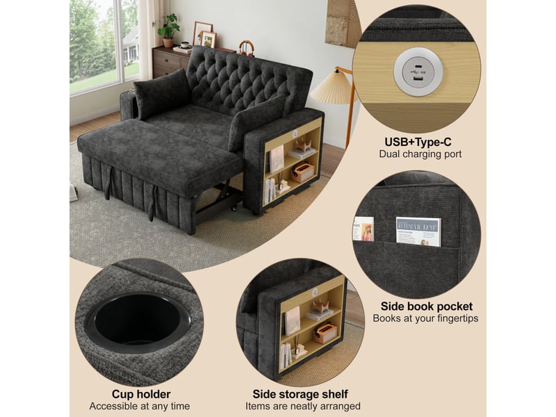 Canapé 2 places convertible 140 cm avec dossier réglable 3 positions, usb, porte-gobelet, étagère, poche et 2 coussins, chenille gris Radiant Stride - Conforama E