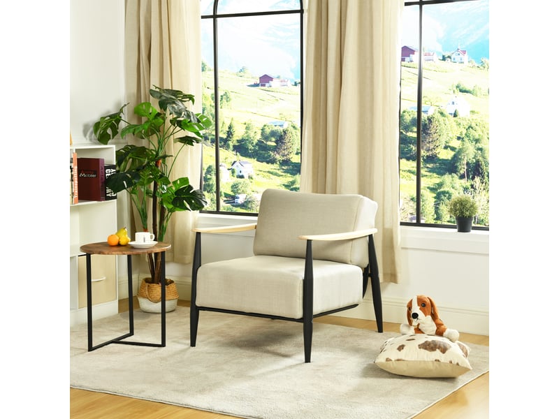  Fauteuil de salon à ressorts, avec ensachés assise épaisse, accoudoirs en bois, structure en acier, beige  - Conforama B