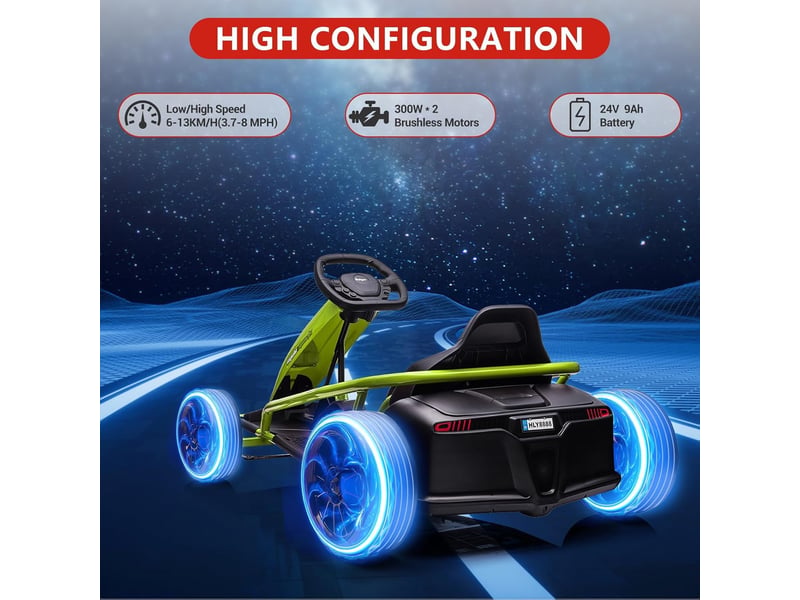  Kart électrique pour enfant 24 v, mode dérive, 2x300 w, siège réglable, mp3, 70 kg – vert PTO_0YXZO1HA - Conforama E