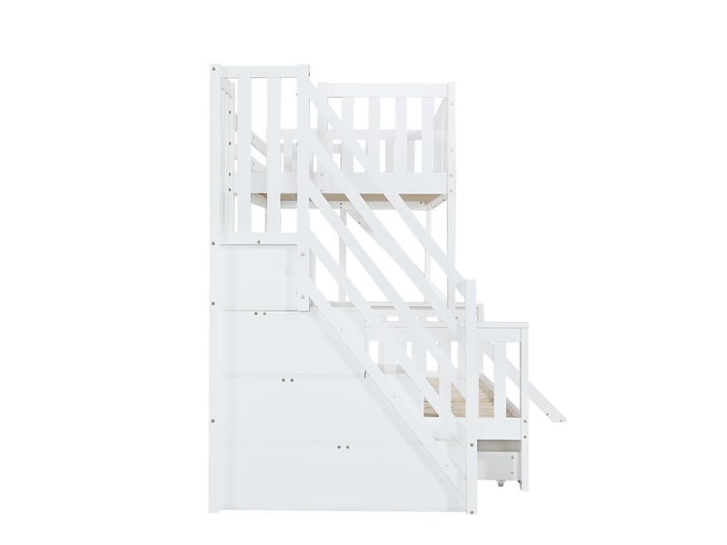  Lit cabane superposé 90x200 cm blanc et bois avec toboggan, escalier 4 tiroirs et rangements, sans matelas  - Conforama E