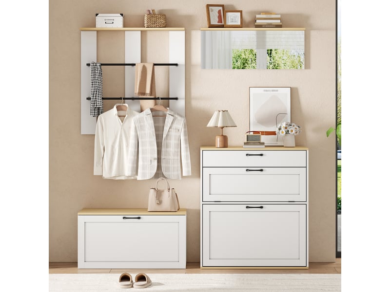  Meubles d'entrée avec meuble à chaussures, tiroir, 2 portes, miroir et 2 tringles modulable en mdf 156×36×176 cm  - Conforama C