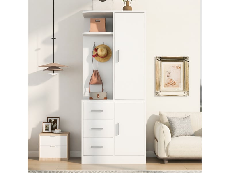  Armoire tcqpz 1 porte 70 x 50 x 170 cm avec étagères, tiroirs, compartiments et crochets, bois blanc  - Conforama D