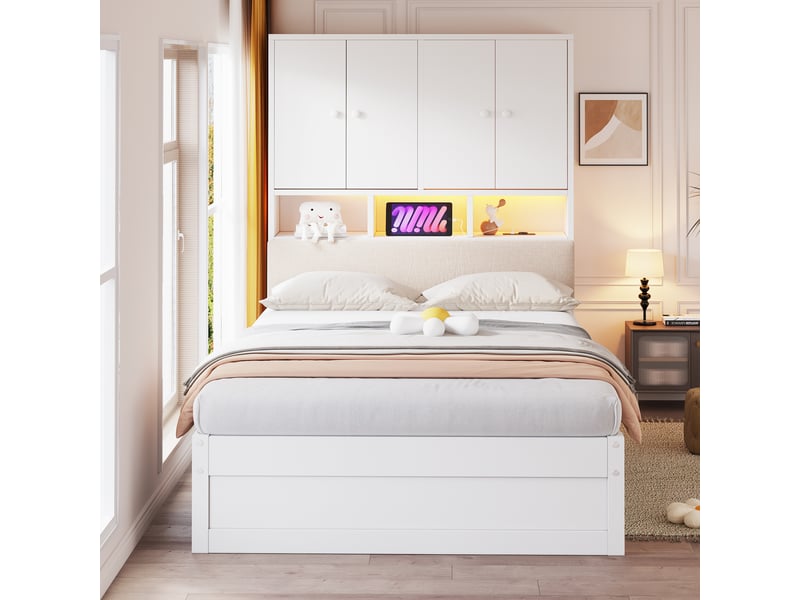  Lit simple 90 x 200 cm en bois blanc, rangements, tête capitonnée, led et port usb  - Conforama E