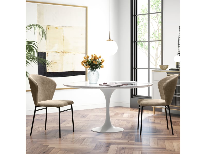  Set de 2 chaises de salle à manger en acier et tissu effet lin assise rembourrée dossier courbé marron clair  - Conforama D