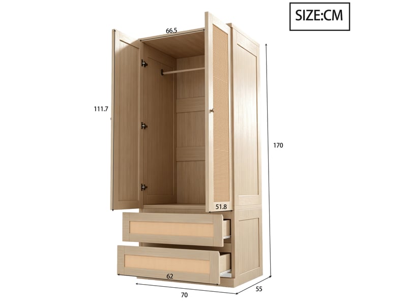  Armoire 2 portes 70 x 55 x 170 cm avec 2 tiroirs et panneaux effet rotin, bois clair  - Conforama C