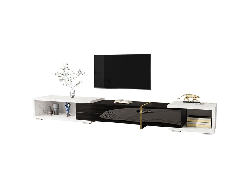  Meuble tv 140x260, design contemporain fonction rotative marbre blanc et noir avec rangement  - Conforama E