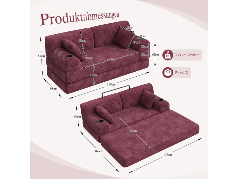  Canapé convertible 2 places en velours côtelé rouge bordeaux avec dossier haut  - Conforama E