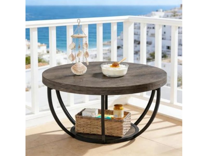  Table basse ronde à 2 niveaux 80x80x45 cm, finition bois gris et structure en acier  - Conforama B