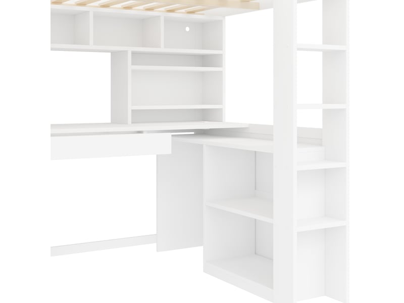  Lit mezzanine 90x200 cm avec bureau, penderie ouverte, tiroir, étagères, led et usb, pin et mdf, blanc OMNIGLINT TRADING LTD - Conforama E