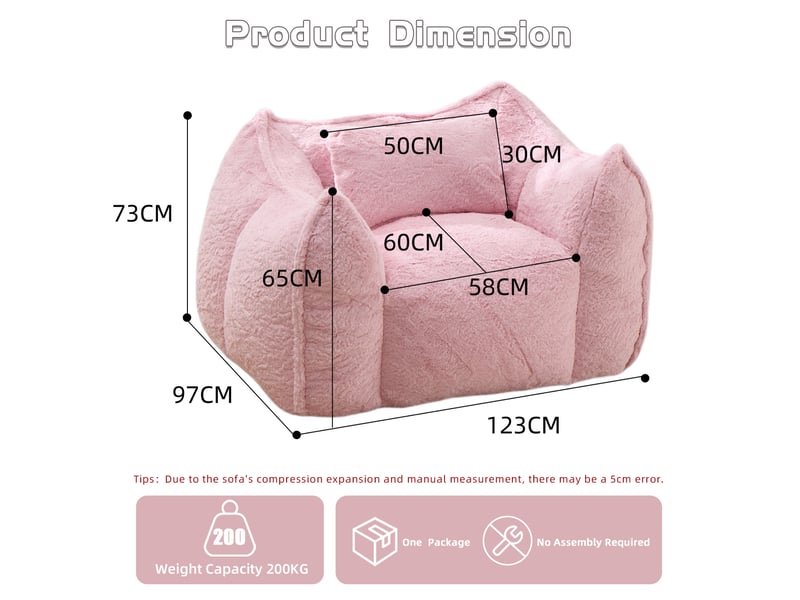  Fauteuil pouf avec dossier enveloppant et coussin, rembourrage en mousse, en fausse fourrure rose  - Conforama C