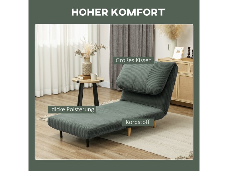 Fauteuil convertible 2 en 1 vert, velours côtelé, dossier réglable, fauteuil-lit une place pour salon et chambre - Conforama B