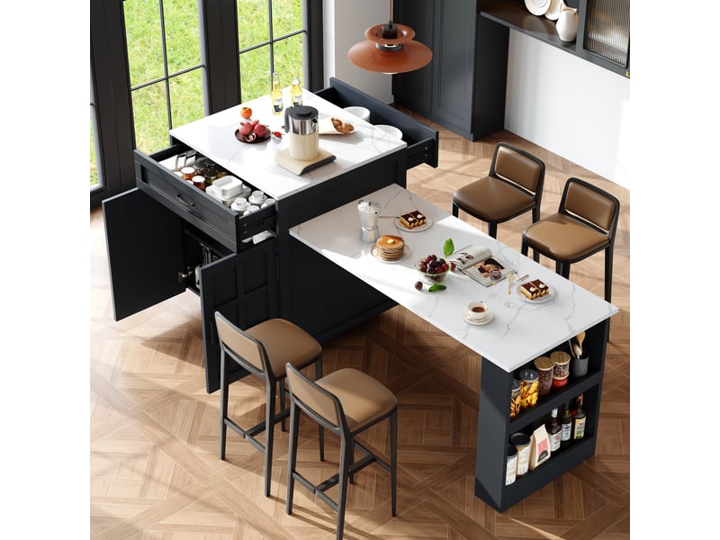 Table de bar extensible et îlot de cuisine avec rangement, plateau effet marbre, couleur noire élégante, 133-202x70x93.5cm - Conforama C