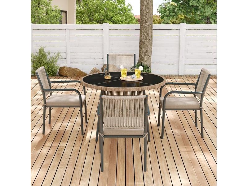 Salon de jardin 5 pièces gris, table ronde 110 cm en verre trempé, 4 fauteuils avec coussins pour terrasse - Conforama B