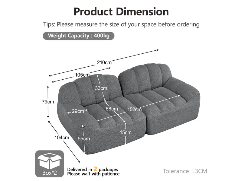Canapé modulaire 2 places sans armature avec assise profonde et forme ergonomique en polaire granuleuse gris - Conforama E
