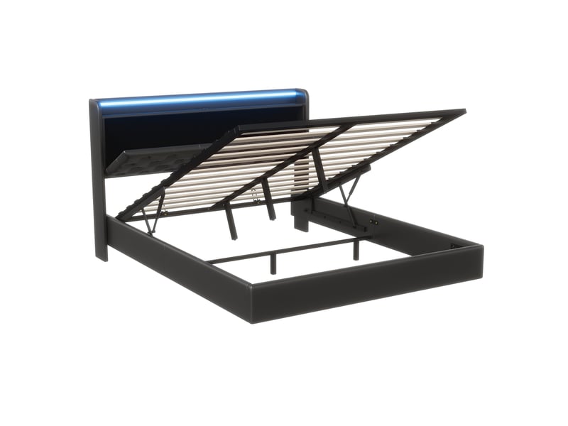  Lit double coffre - 140 x 200 cm - noir - similicuir pu, tête de lit de rangement avec led, prises et vérins hydrauliques  - Conforama A