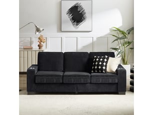 Canapé 3 places moderne en velours côtelé noir, 206 cm, avec porte-gobelets