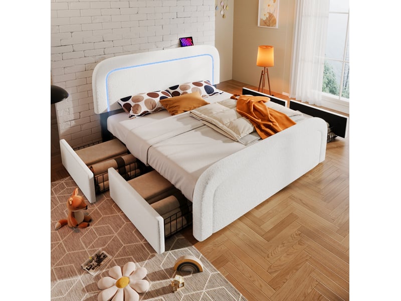 Lit double 160x200 cm blanc sherpa, led, usb et type-c, 4 tiroirs, tête de lit réglable, avec matelas - Conforama B