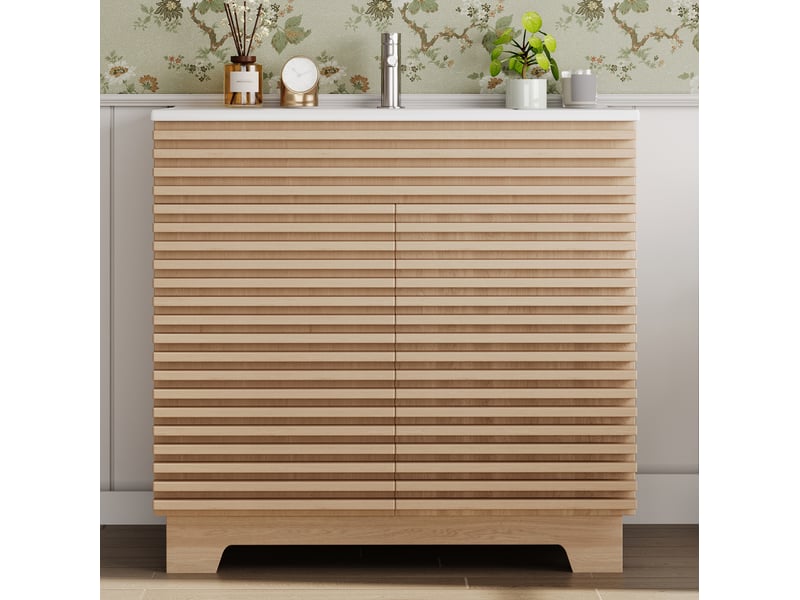  Meuble rangement armoire salle de bain double porte sur pieds lavabo integre 91 cm homvra  - Conforama D