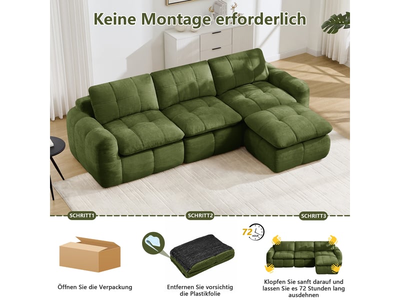  Canapé modulable 3 places en l avec pouf, canapé d’angle sans cadre, assise profonde, coussins moelleux en chenille, mousse haute densité 32d - vert  - Conforama E
