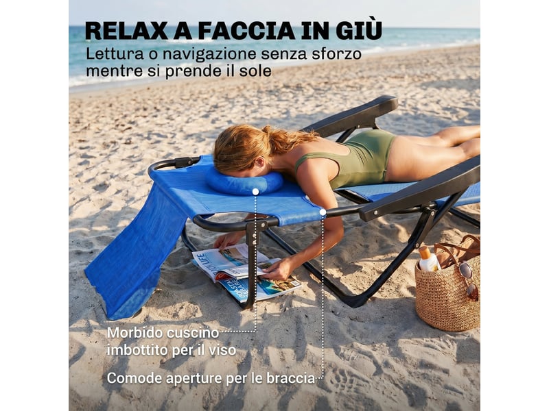  Chaise longue de jardin pliante avec dossier réglable, coussin et ouverture pour le visage, bleu foncé  - Conforama E