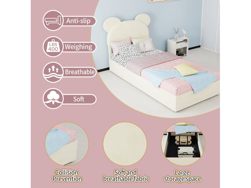  Lit enfant coffre 90x200 cm, tête de lit rembourrée forme cartoon, ouverture à vérins, tissu et métal, beige sans matelas  - Conforama E