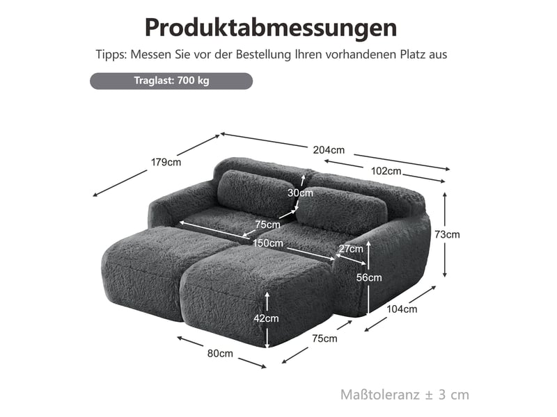  Boneless cloud sofa, tissu plush fluffy, canapé sommeil modulaire avec 2 ottomans, canapé 2 places, montage libre, confortable pour salon, gris  - Conforama E