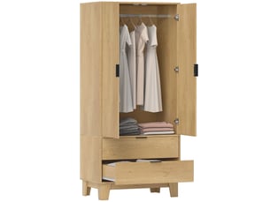 Armoire à 2 portes avec fermeture amortie, 2 tiroirs et tringle à vêtements, 80 x 50 x 180 cm, bois naturel